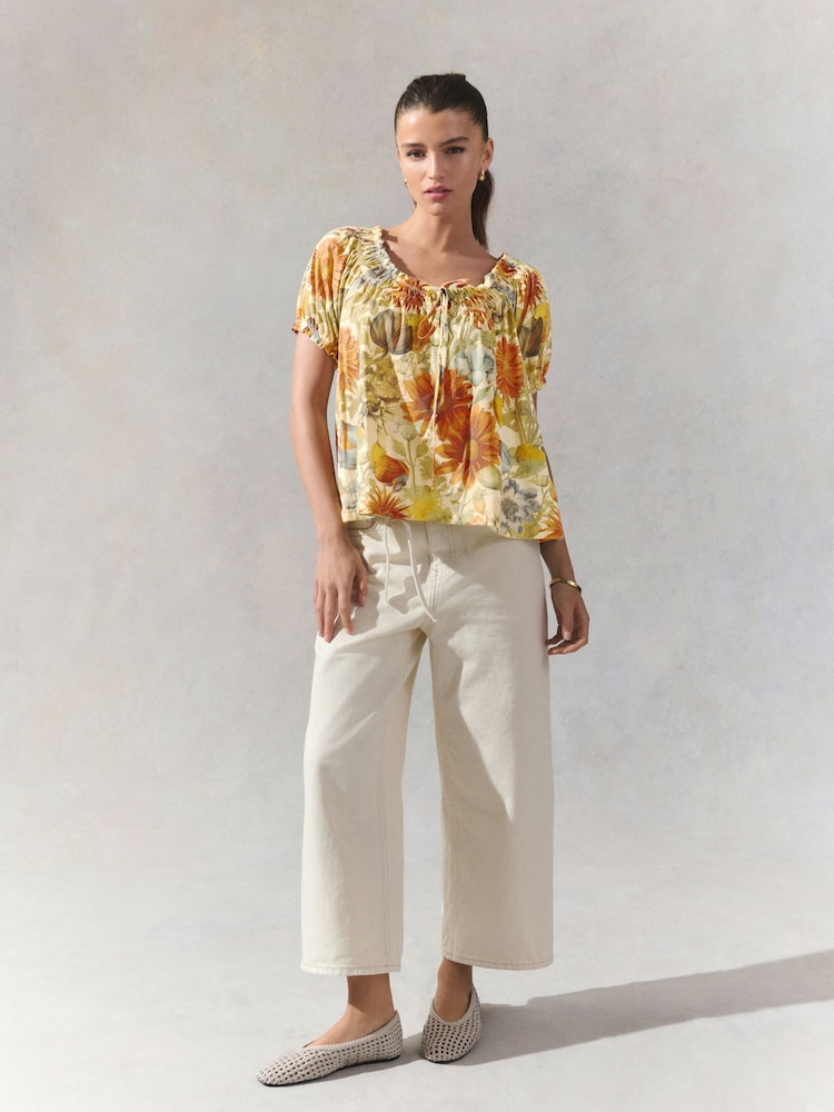 Yellow/White Floral Short Sleeve Ruched Neck Jersey 100% Cotton Blouse - Image 2 of 7