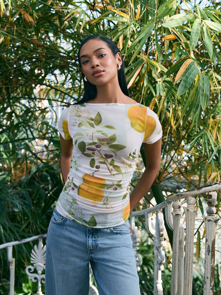 Green/Ecru Short Sleeve Ruched Mesh Top - Image 1 of 4