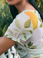 Green/Ecru Short Sleeve Ruched Mesh Top - Image 4 of 4