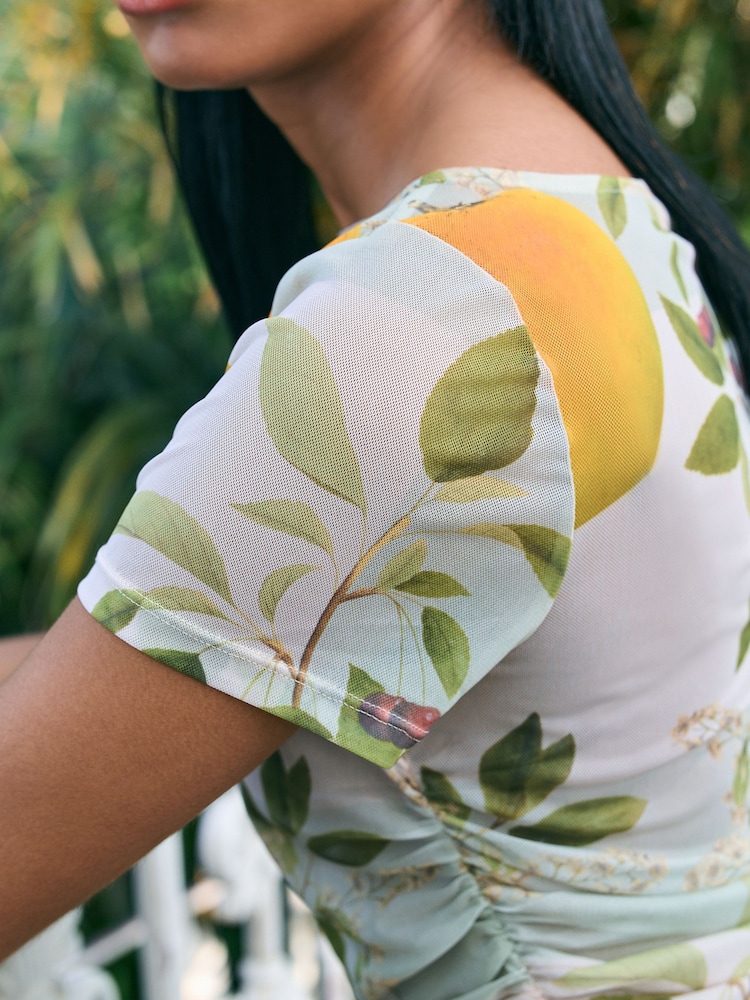 Green/Ecru Short Sleeve Ruched Mesh Top - Image 4 of 4