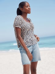Blue Print Short Sleeve Ruched Neck Jersey 100% Cotton Blouse - Image 2 of 9