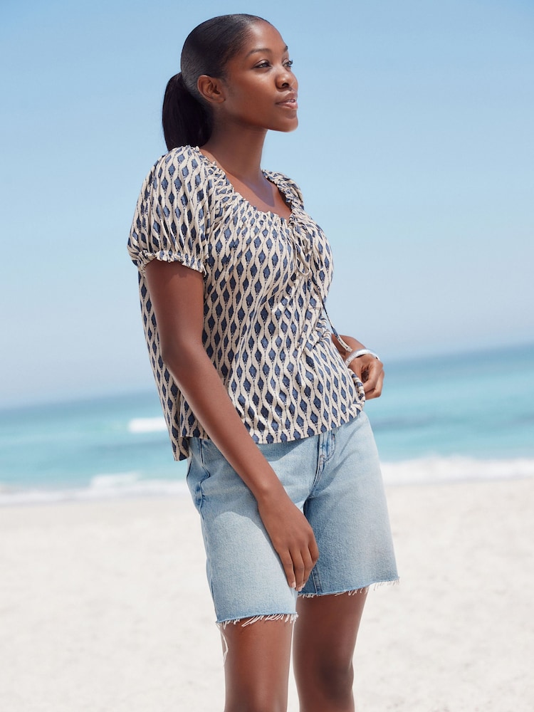 Blue Print Short Sleeve Ruched Neck Jersey 100% Cotton Blouse - Image 2 of 9