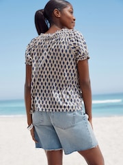 Blue Print Short Sleeve Ruched Neck Jersey 100% Cotton Blouse - Image 3 of 9