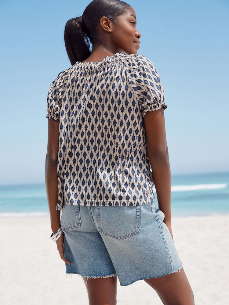 Blue Print Short Sleeve Ruched Neck Jersey 100% Cotton Blouse - Image 3 of 9