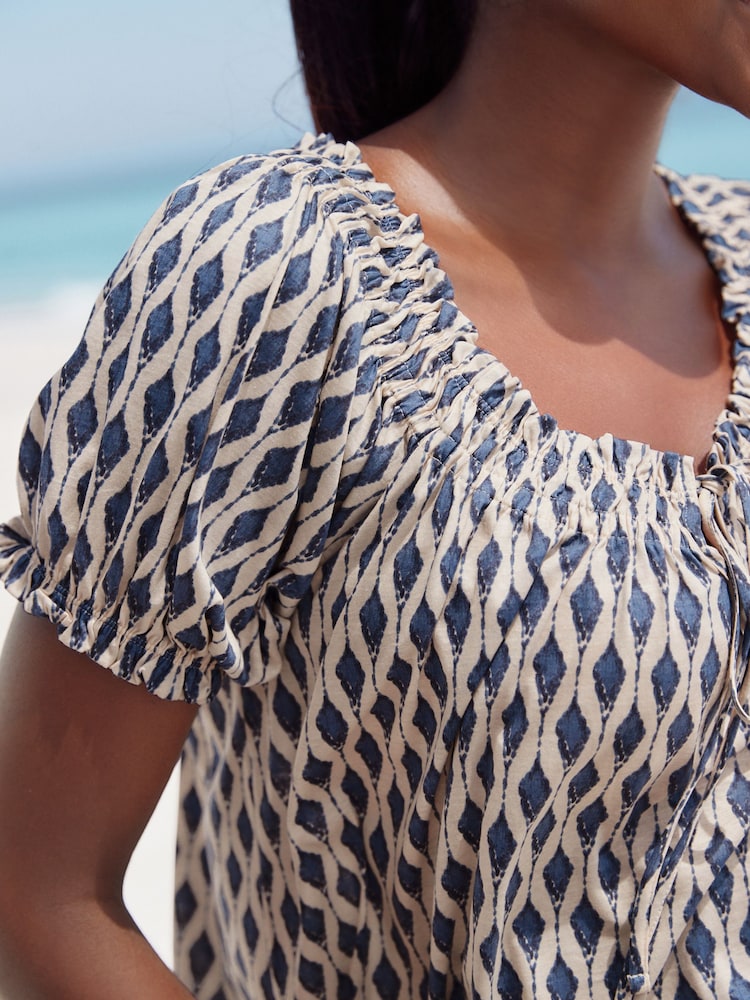 Blue Print Short Sleeve Ruched Neck Jersey 100% Cotton Blouse - Image 4 of 9