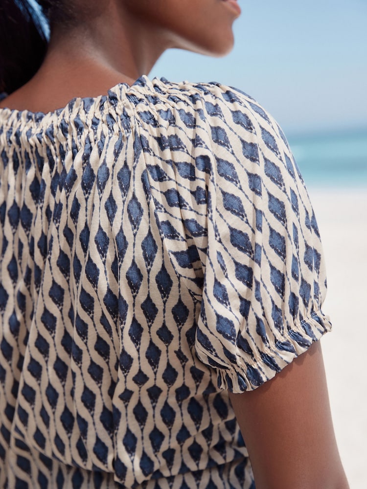 Blue Print Short Sleeve Ruched Neck Jersey 100% Cotton Blouse - Image 5 of 9
