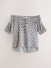 Blue Print Short Sleeve Ruched Neck Jersey 100% Cotton Blouse - Image 6 of 9