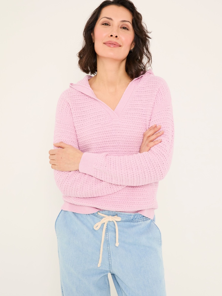 FatFace Sutton Blush Pink Textured Knitted Hoodie - Image 1 of 5