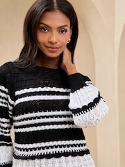Lipsy Monochrome Petite Crochet Summer Stitch Pointelle Knit Long Sleeve Top - Image 2 of 4