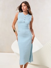Blue Petite Pointelle Ribbed Knit Buttoned Sleeveless Midi Dress - Image 3 of 4