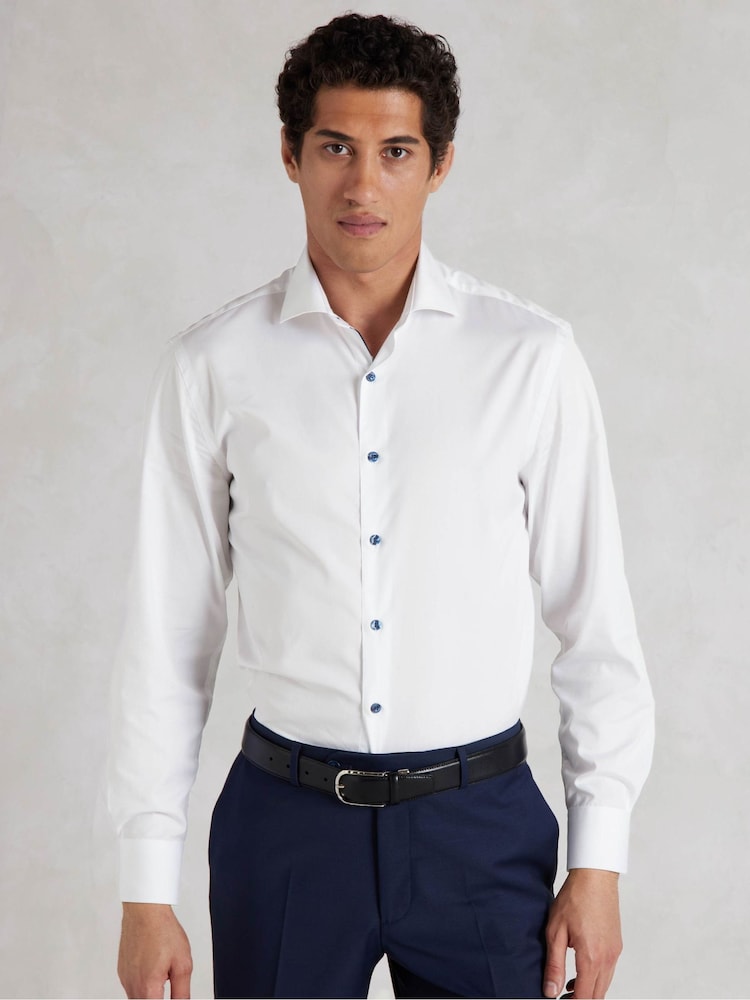 The Savile Row Company Slim Fit 100% Cotton Contrast Button Smart Casual White Shirt - Image 1 of 6
