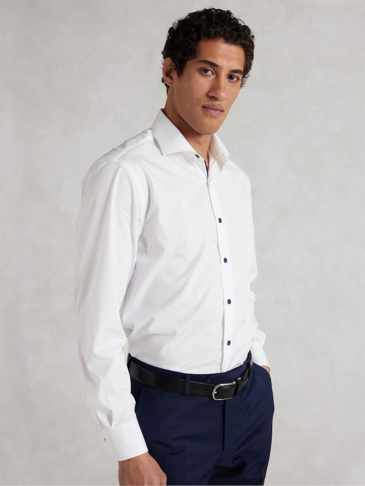 The Savile Row Company Slim Fit 100% Cotton Contrast Button Smart Casual White Shirt - Image 2 of 6