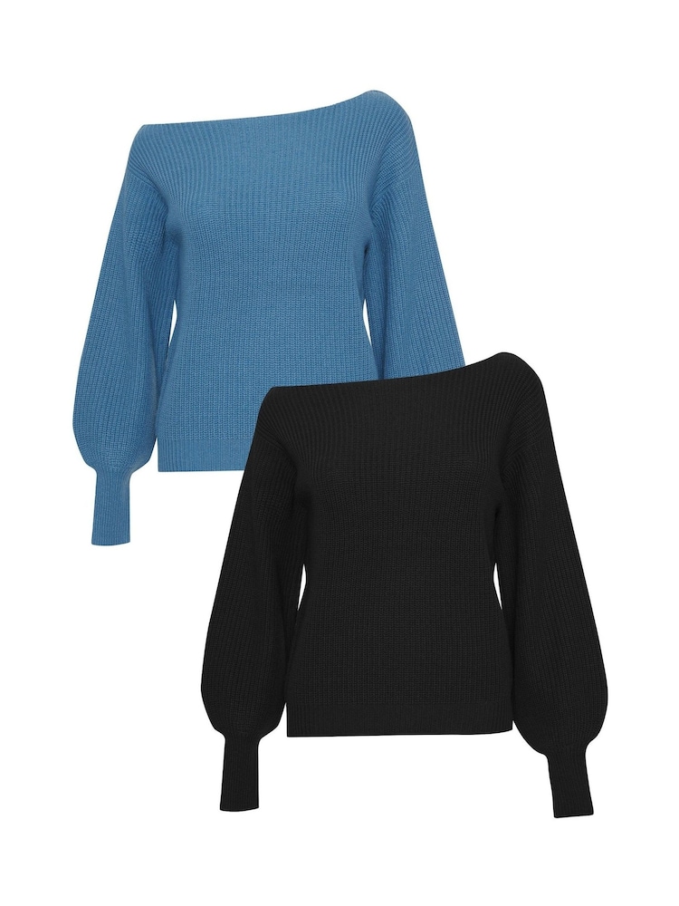 Threadbare Blue/ Black Slash Neck Knitted Jumper 2 Pack - Image 1 of 3