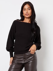 Threadbare Black Slash Neck Chunky Knit Jumper - Image 1 of 4