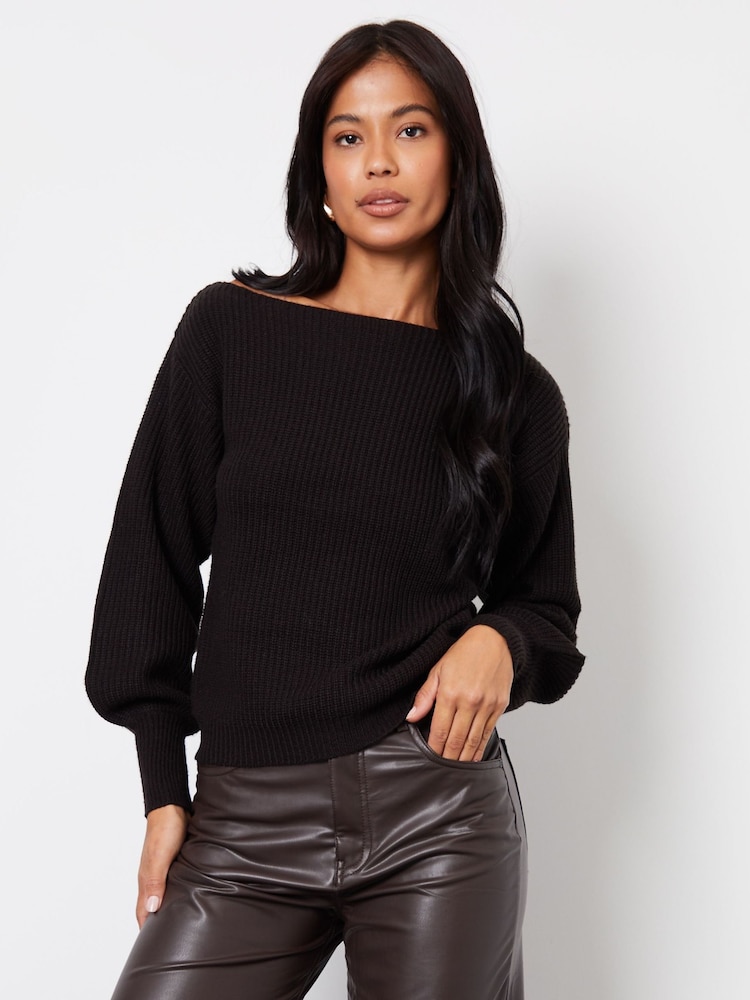 Threadbare Black Slash Neck Chunky Knit Jumper - Image 1 of 4
