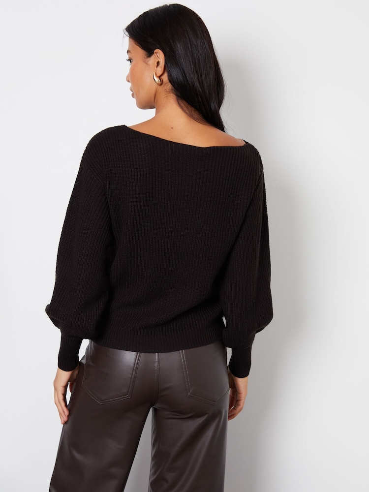Threadbare Black Slash Neck Chunky Knit Jumper - Image 2 of 4