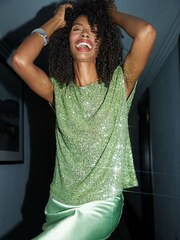 Threadbare Green Short Sleeve Sequin Top - Image 1 of 6