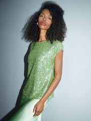 Threadbare Green Short Sleeve Sequin Top - Image 4 of 6