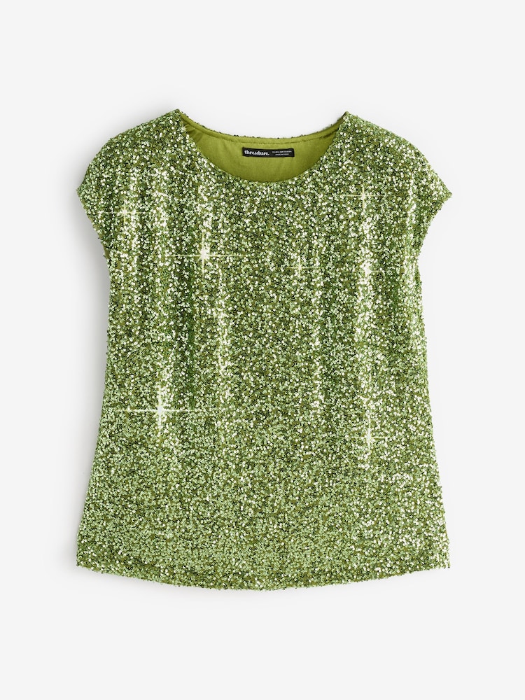 Threadbare Green Short Sleeve Sequin Top - Image 6 of 6