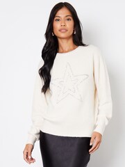 Threadbare Cream Embellished Star Balloon Sleeve Knitted Jumper - Image 1 of 4