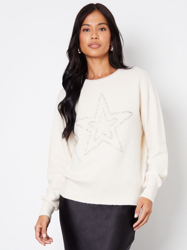 Threadbare Cream Embellished Star Balloon Sleeve Knitted Jumper - Image 1 of 4