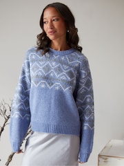 Threadbare Blue Fairisle Crew Neck Knitted Christmas Jumper - Image 1 of 4