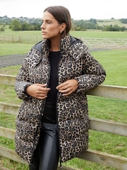 Threadbare Brown Leopard Print Hooded Puffer Coat - Image 1 of 5