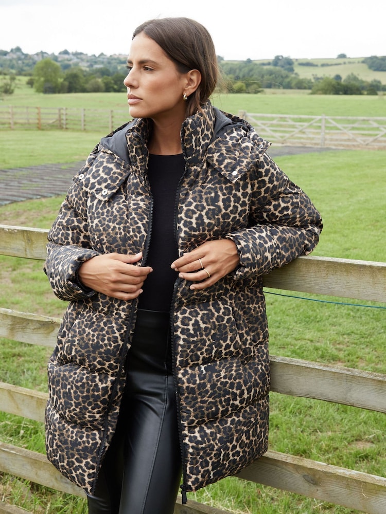 Threadbare Brown Leopard Print Hooded Puffer Coat - Image 1 of 5