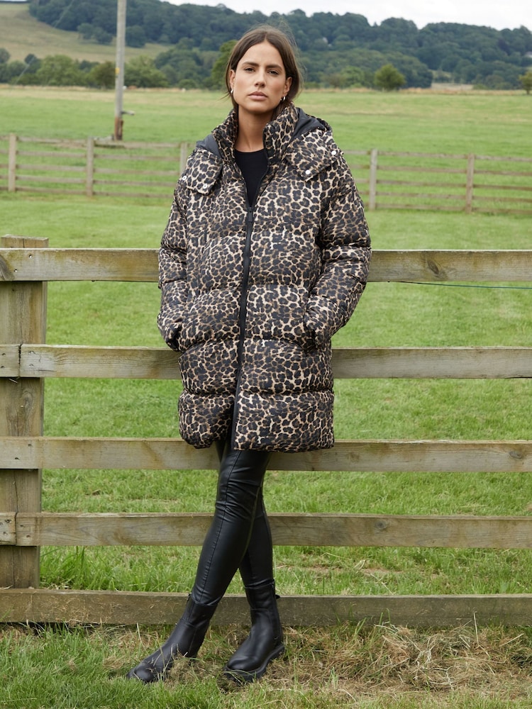Threadbare Brown Leopard Print Hooded Puffer Coat - Image 2 of 5
