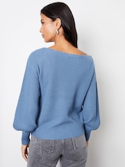Threadbare Blue Slash Neck Chunky Knit Jumper - Image 2 of 4