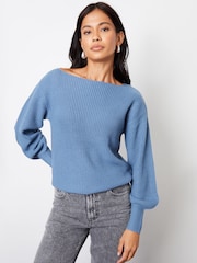 Threadbare Blue Slash Neck Chunky Knit Jumper - Image 4 of 4
