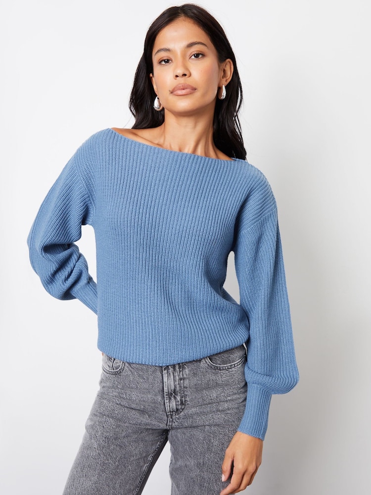 Threadbare Blue Slash Neck Chunky Knit Jumper - Image 4 of 4