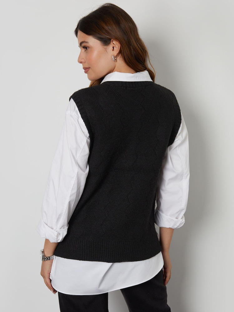 Threadbare Black High Neck Basket Stitch Knitted Vest - Image 2 of 5