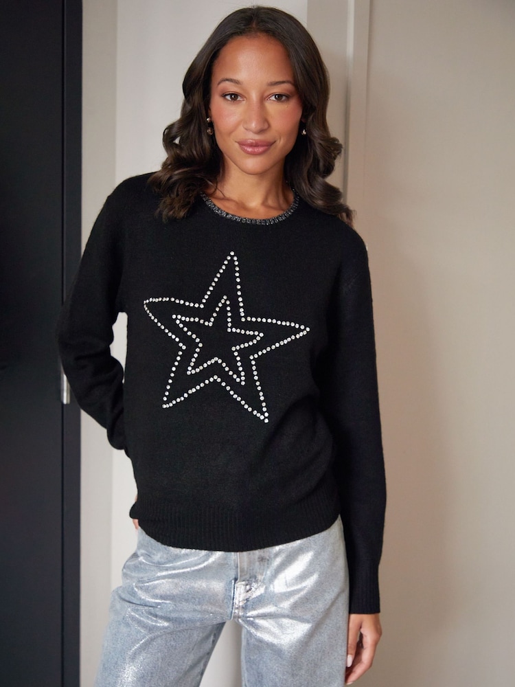 Threadbare Black Embellished Star Balloon Sleeve Knitted Jumper - Image 1 of 4 Threadbare Black Embellished Star Balloon Sleeve Knitted Jumper - Image 1 of 4