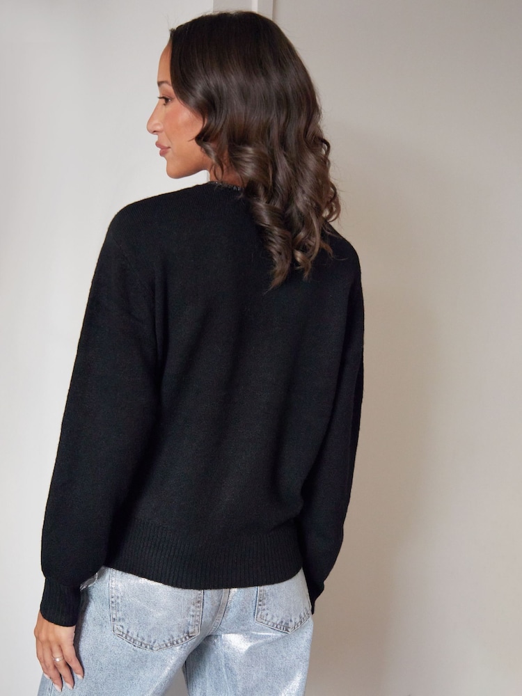 Threadbare Black Embellished Star Balloon Sleeve Knitted Jumper - Image 2 of 4 Threadbare Black Embellished Star Balloon Sleeve Knitted Jumper - Image 2 of 4