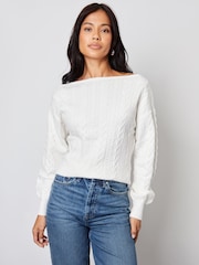 Threadbare White Slash Neck Cable Knit Jumper - Image 1 of 4