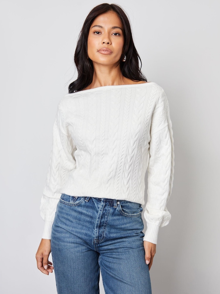 Threadbare White Slash Neck Cable Knit Jumper - Image 1 of 4