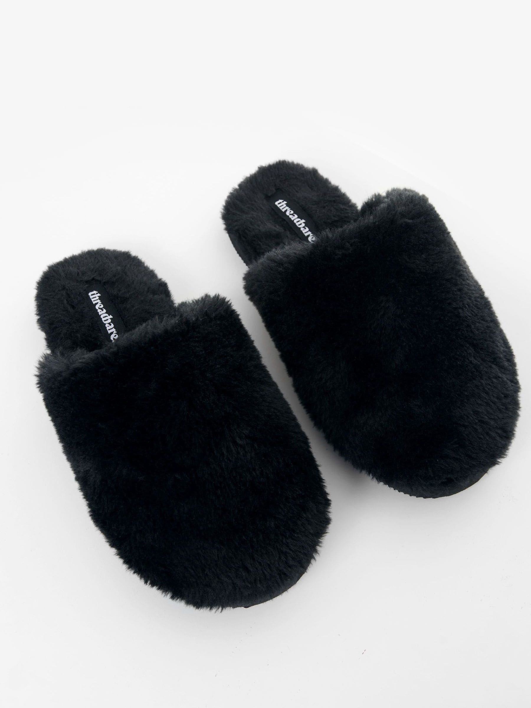 Threadbare Black Faux Fur Mule Slippers