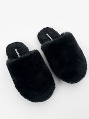 Threadbare Black Faux Fur Mule Slippers - Image 4 of 5