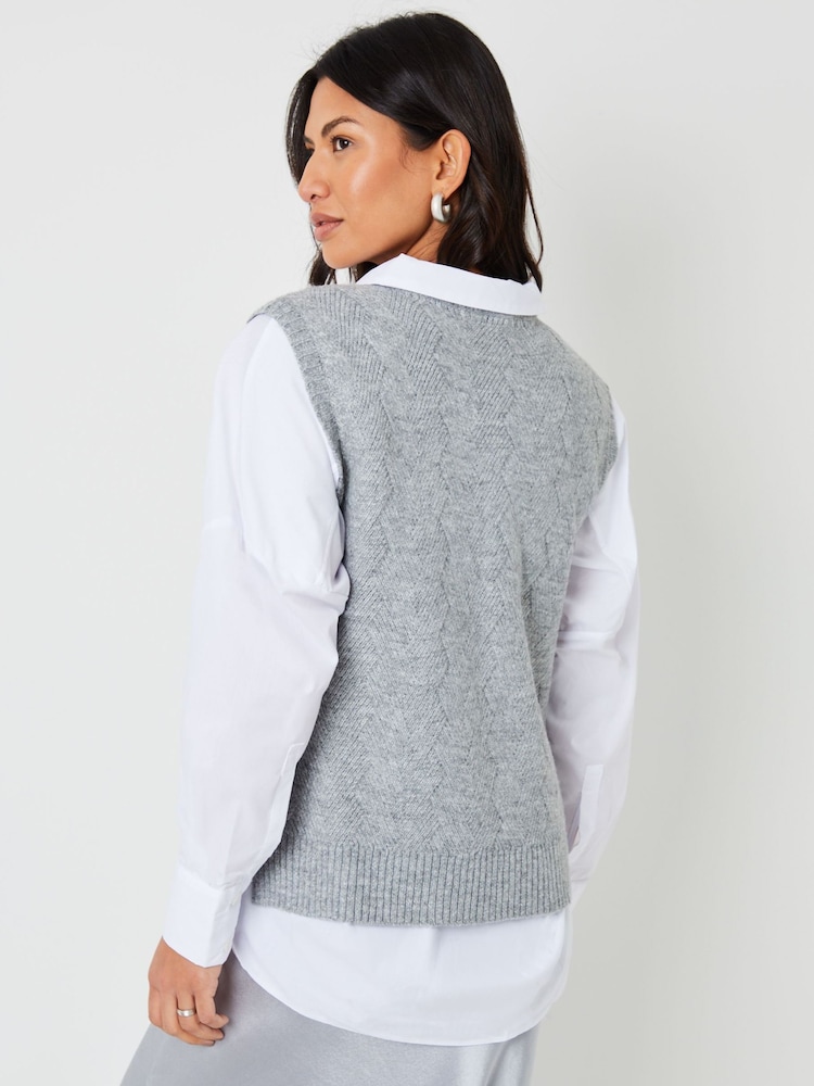 Threadbare Grey High Neck Basket Stitch Knitted Vest - Image 2 of 4