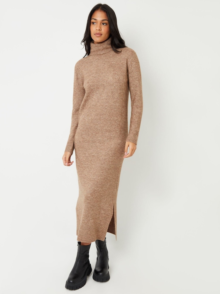 Threadbare Natural Roll Neck Knitted Maxi Dress - Image 1 of 4