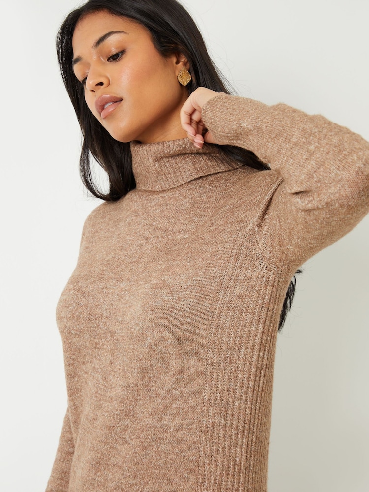 Threadbare Natural Roll Neck Knitted Maxi Dress - Image 2 of 4