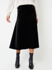 Threadbare Black Velvet Flared Pull On Midi Skirt - Image 1 of 9