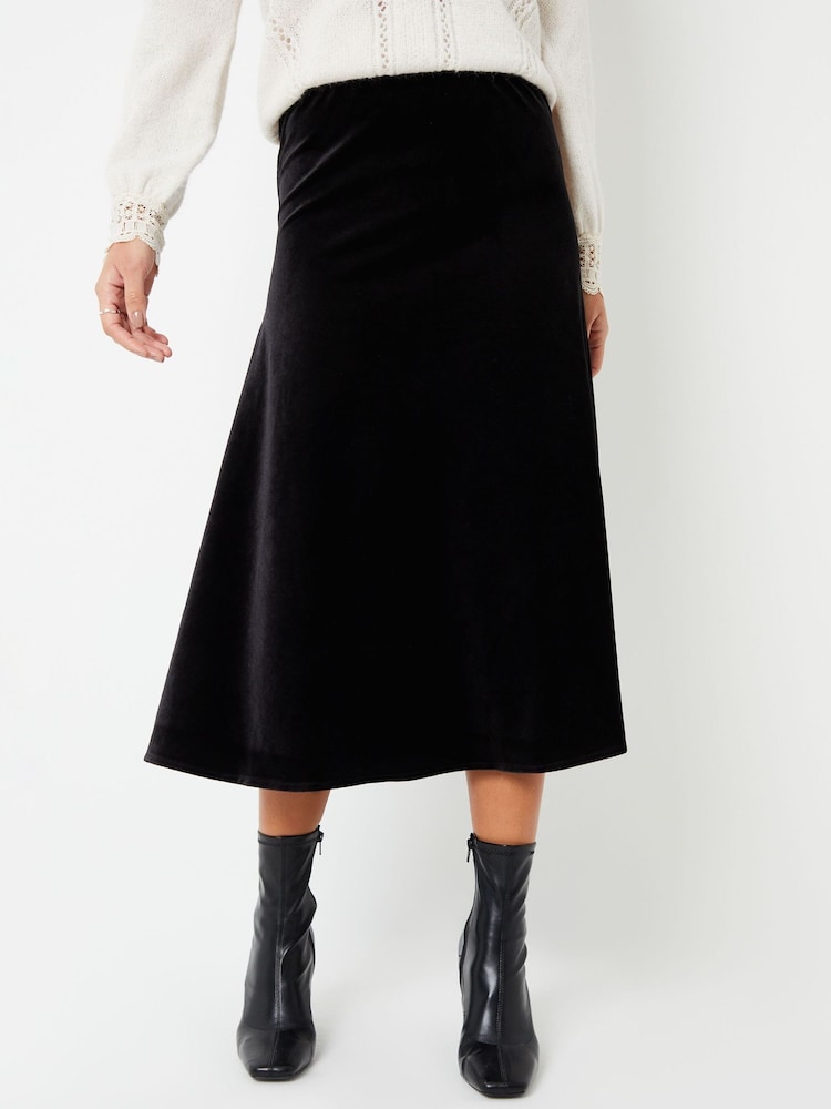 Threadbare Black Velvet Flared Pull On Midi Skirt - Image 1 of 9