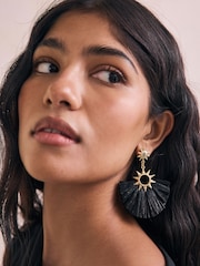 Black Straw Look Sun Statement Earrings - Image 3 of 6