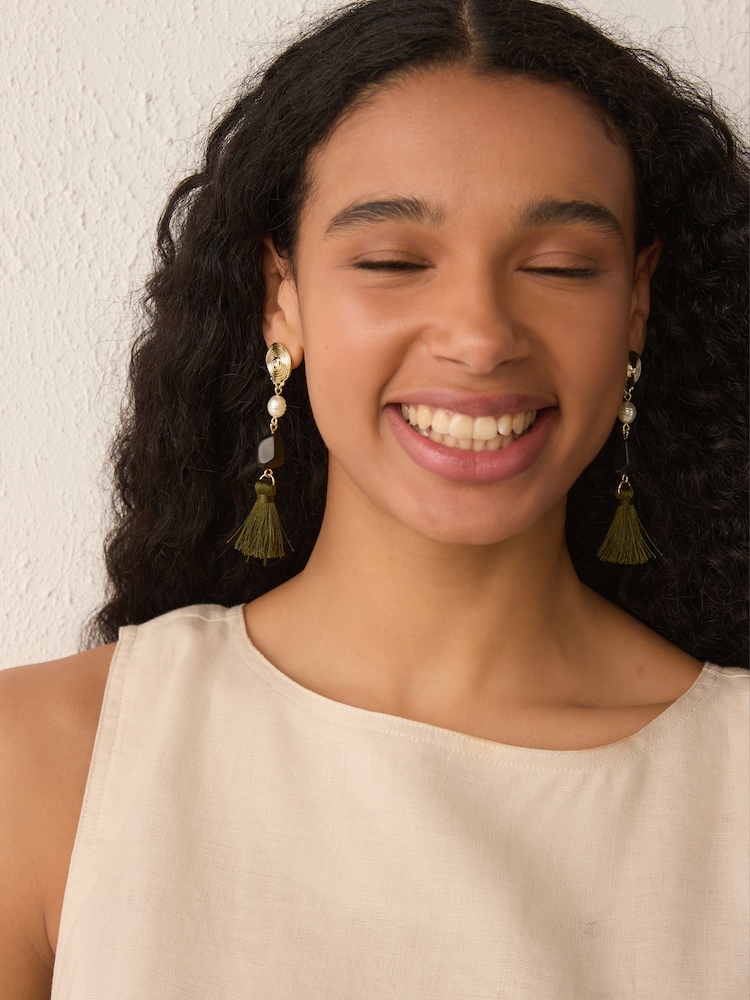 Khaki Green Tassel Drop Earrings - Image 1 of 6