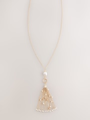 Gold Tone Pearl Effect Long Tassel Necklace - Image 4 of 6