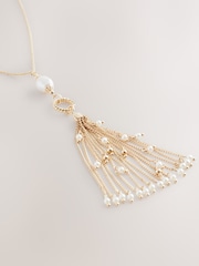 Gold Tone Pearl Effect Long Tassel Necklace - Image 5 of 6