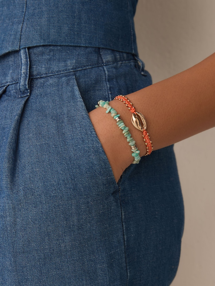 Coral/Aqua Chipping And Shell Pully Bracelet Pack - Image 1 of 3