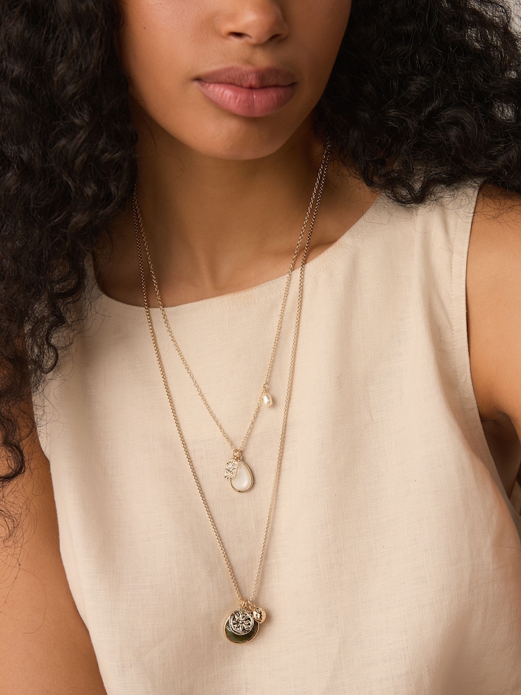 Gold Tone Two Layer Pearl Effect Pendant Necklace - Image 1 of 7